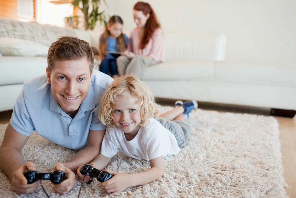 Happy homeowner with newly stretched carpet