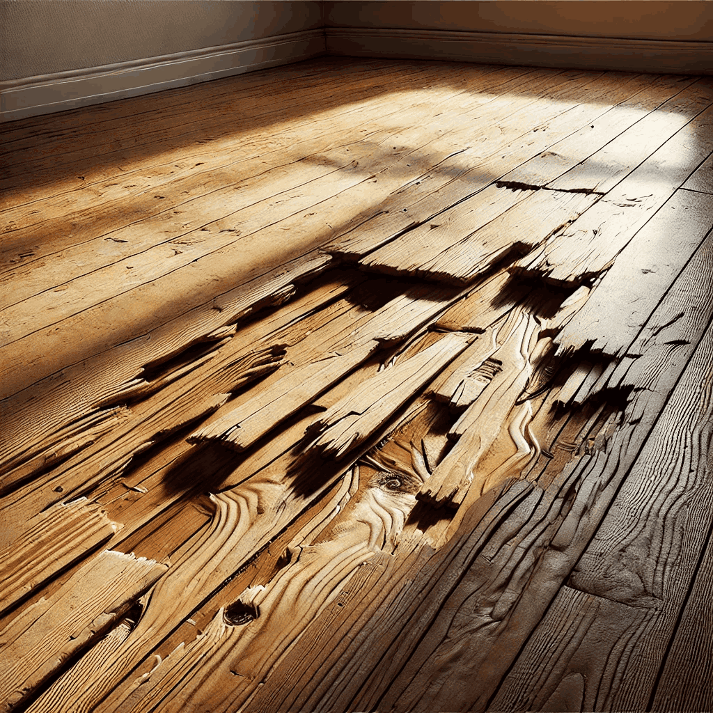 Scratched and faded hardwood floor in O’Fallon living room