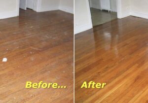 Before-and-after image of a floor refinishing project