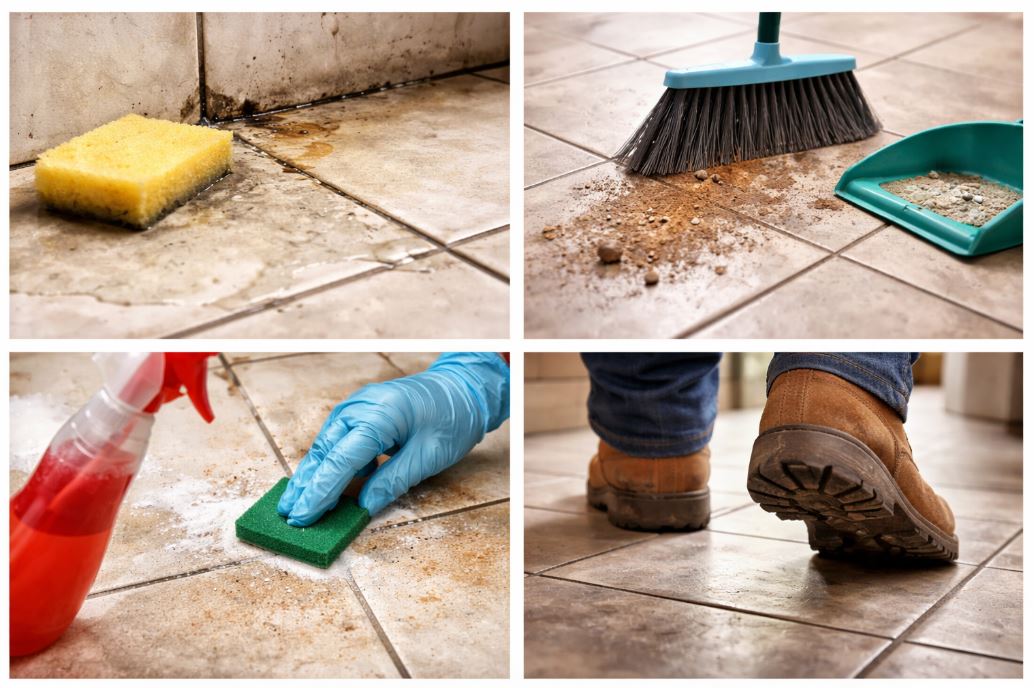 cleaning tile grout floor to prevent damage in home